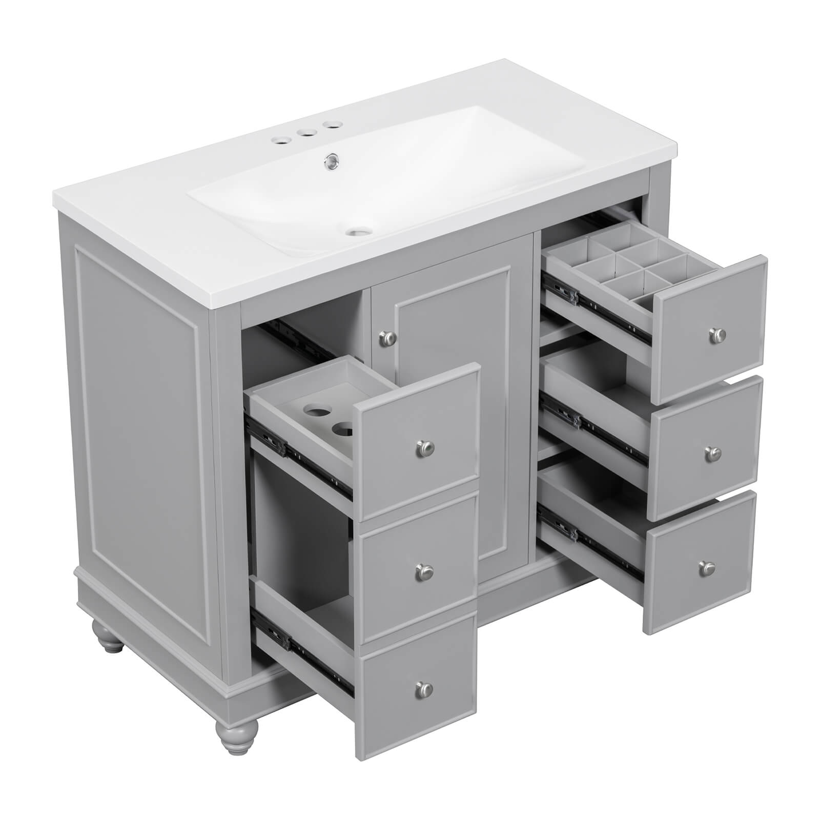 Top drawer of gray vanity featuring circular slots for hair dryer and curling iron