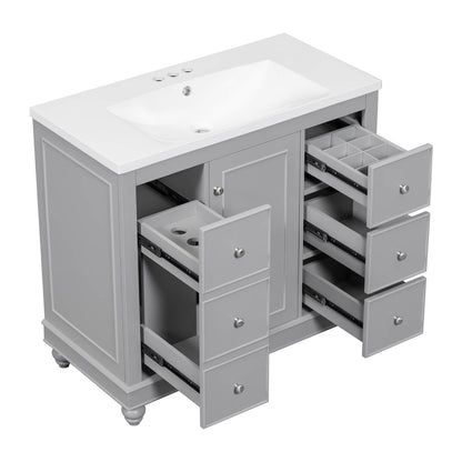 Top drawer of gray vanity featuring circular slots for hair dryer and curling iron