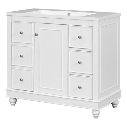 Top drawer of vanity open showcasing hair dryer and curling iron storage