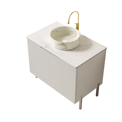 Top view of 30 inch white freestanding vanity with vessel sink