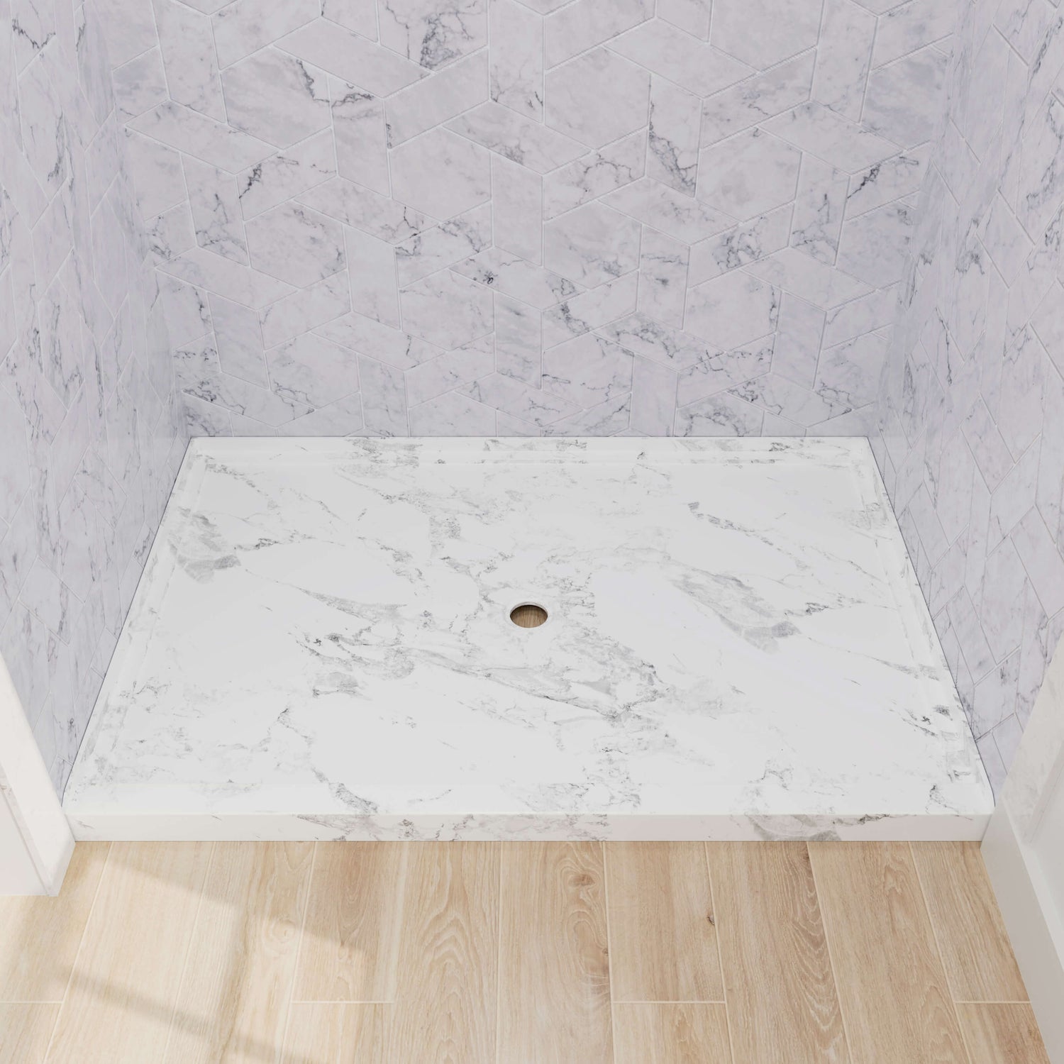 Top view of 48x32 marble look shower pan showing glossy surface and printed pattern