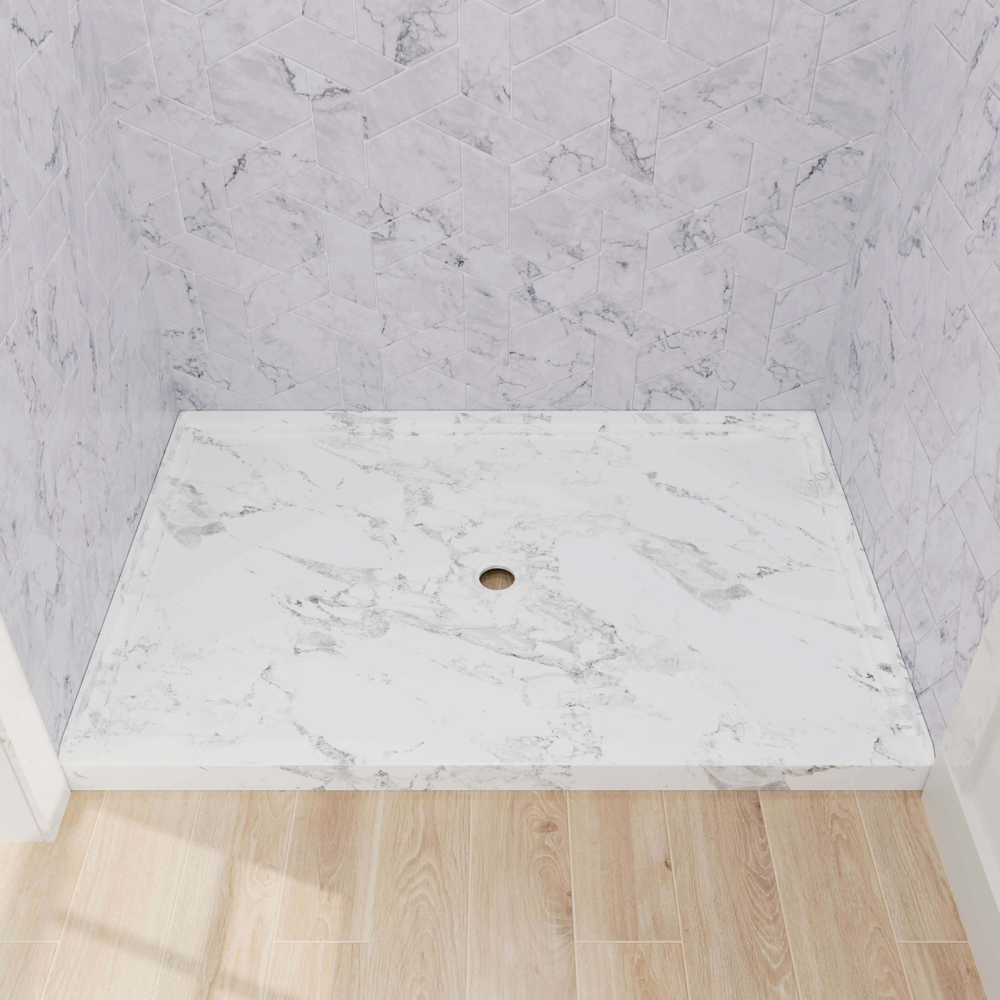 Top view of 48x32 marble look shower pan showing glossy surface and printed pattern