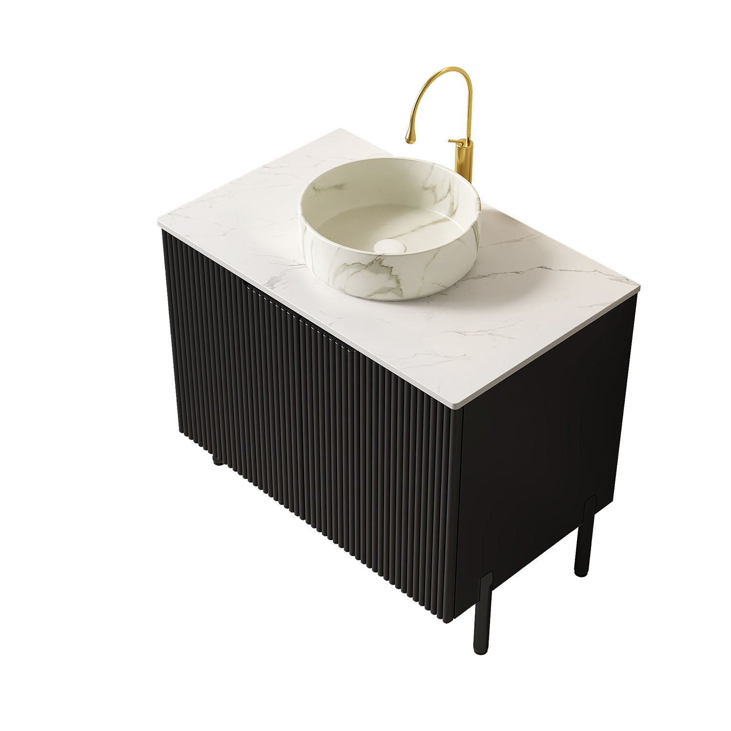 Top view of black 30 inch vanity with stone-pattern vessel basin