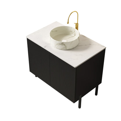 Top view of black 30 inch vanity with stone-pattern vessel basin