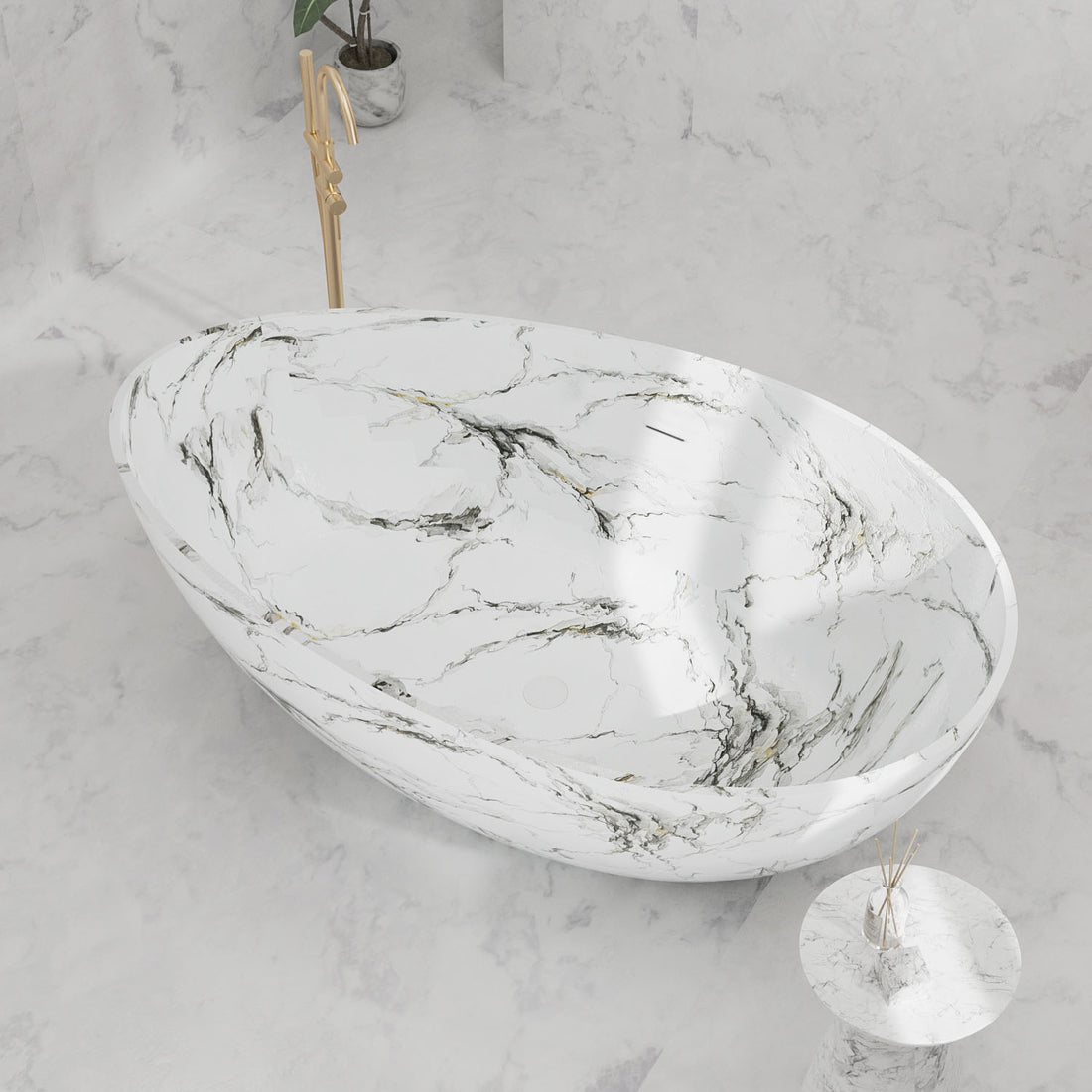 Top view of white marble veining soaking bathtub