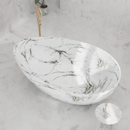 Top view of white marble veining soaking bathtub
