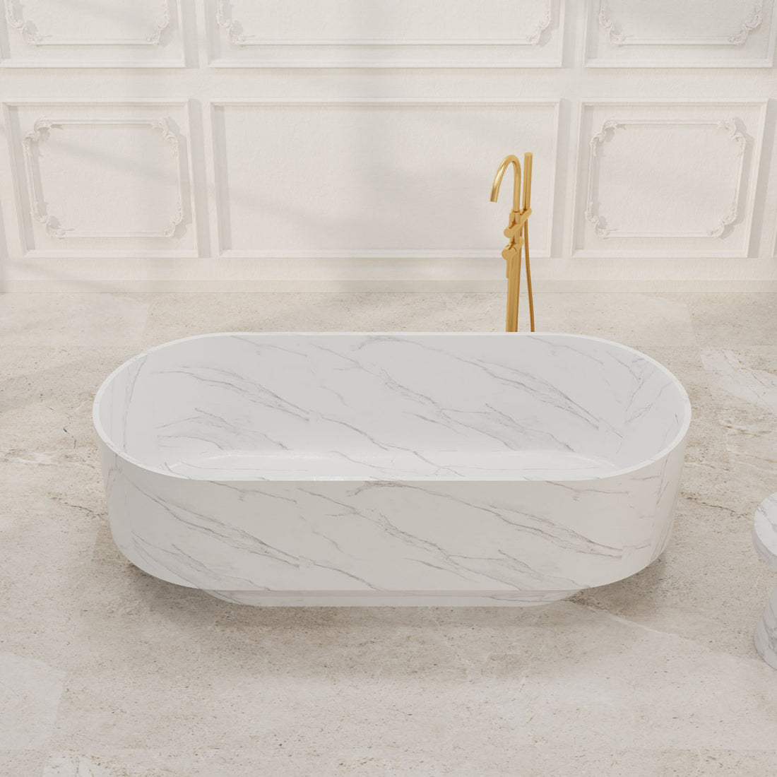 Top view white freestanding bathtub with curved oval shape