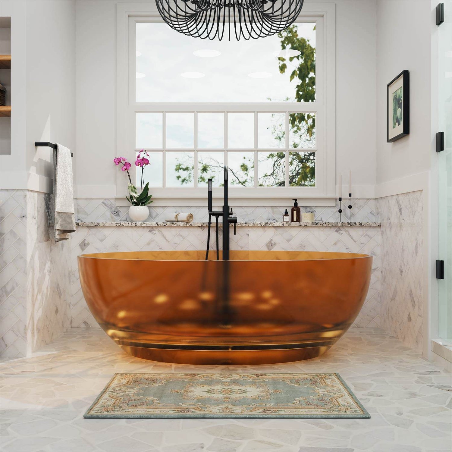 Transparent resin bathtub with playful orange color option