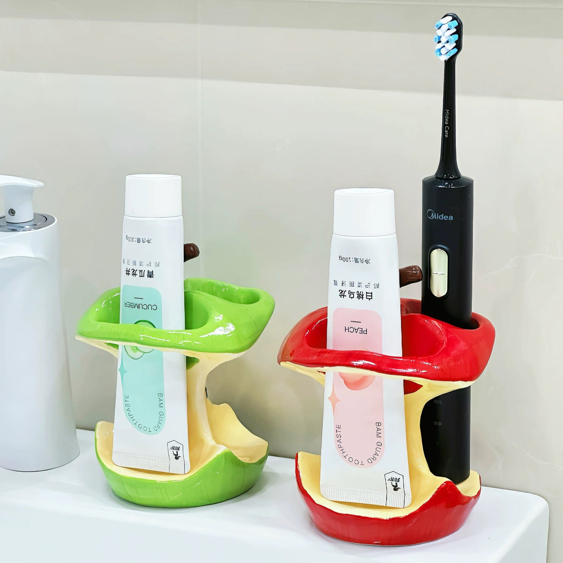 Trash apple toothbrush holder for electric and manual brushes