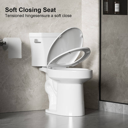 Two piece white toilet with soft close seat and ADA height design