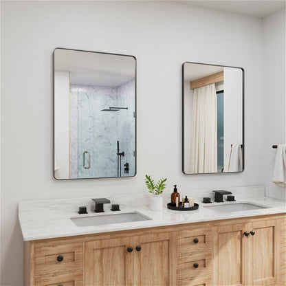 Two black framed rectangular bathroom mirrors for double vanity
