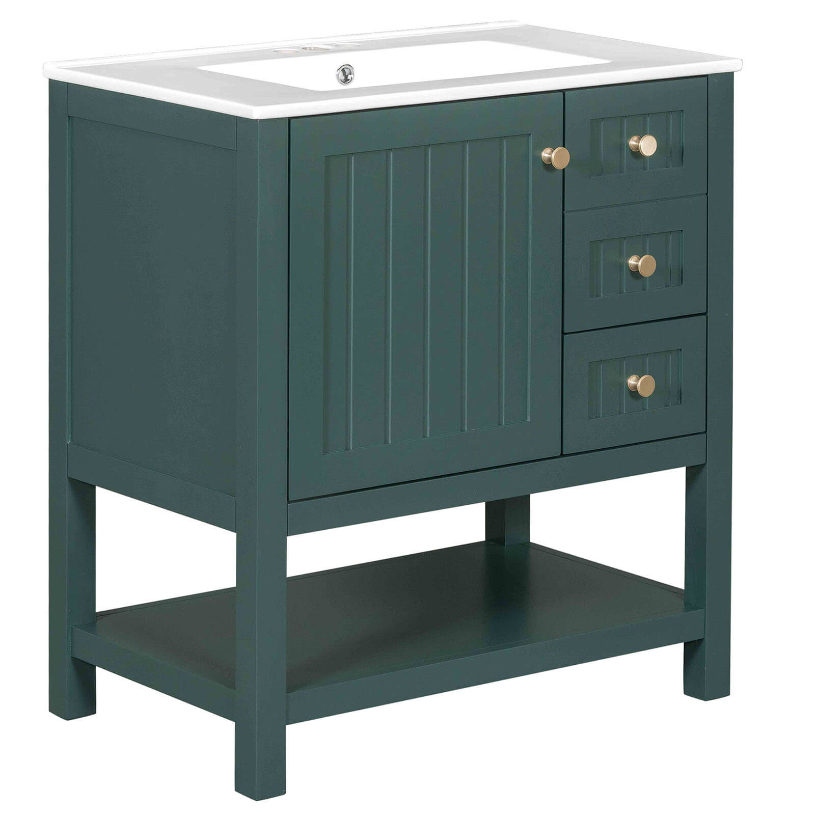 Two drawers of the deep green vanity with dividers for organization