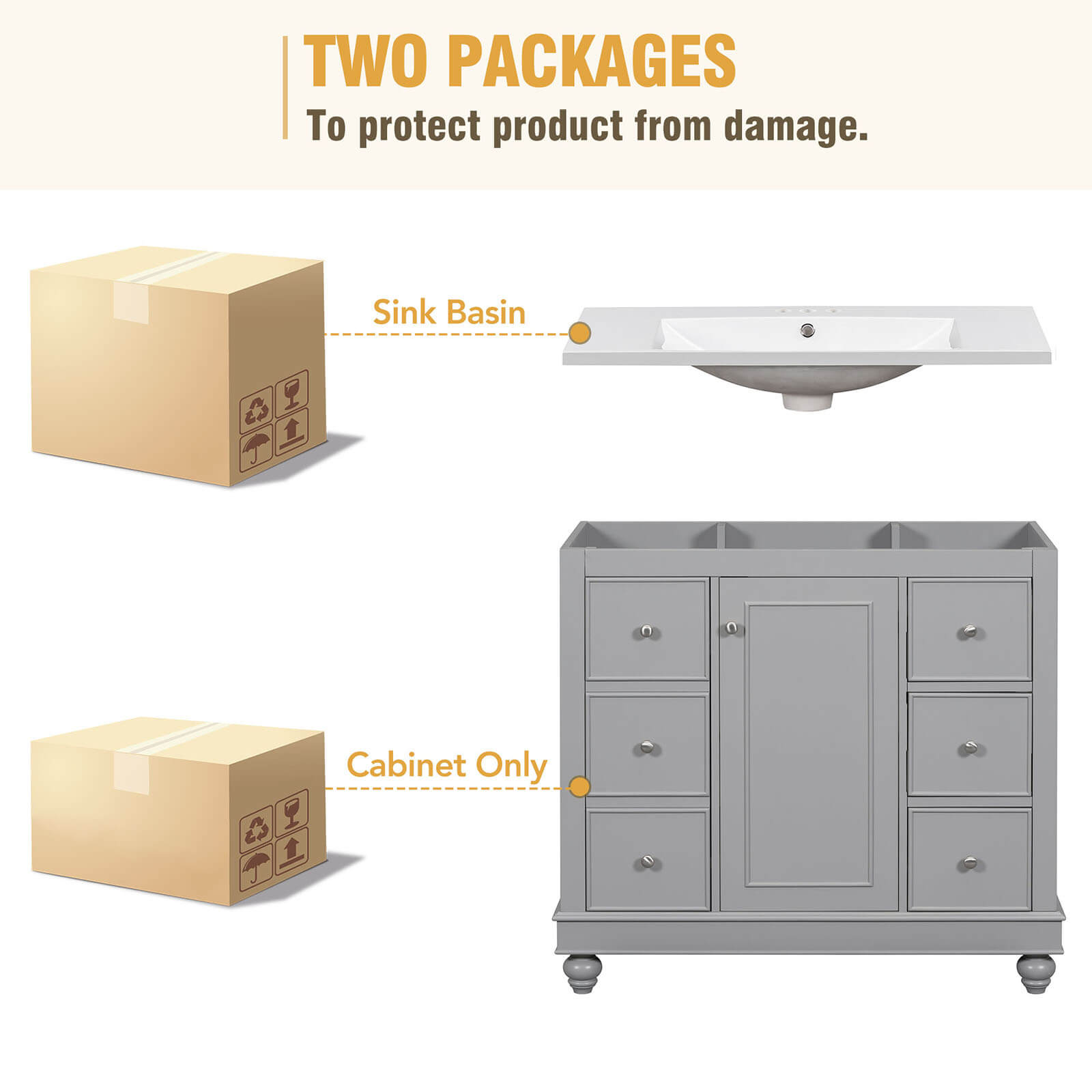 Two packaged images of a 36 inch grey bathroom vanity with hair dryer storage rack