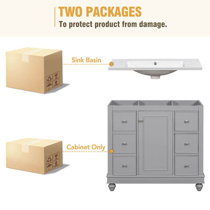 Two packaged images of a 36 inch grey bathroom vanity with hair dryer storage rack