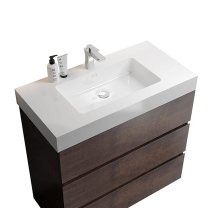 36&quot; walnut floor-standing bathroom vanity with white sink detail