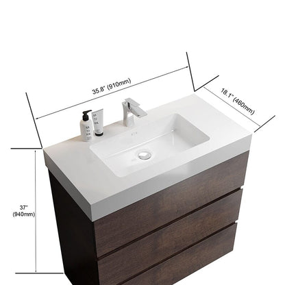 36&quot; Walnut Floor Standing Bathroom Vanity with White Dimension Details