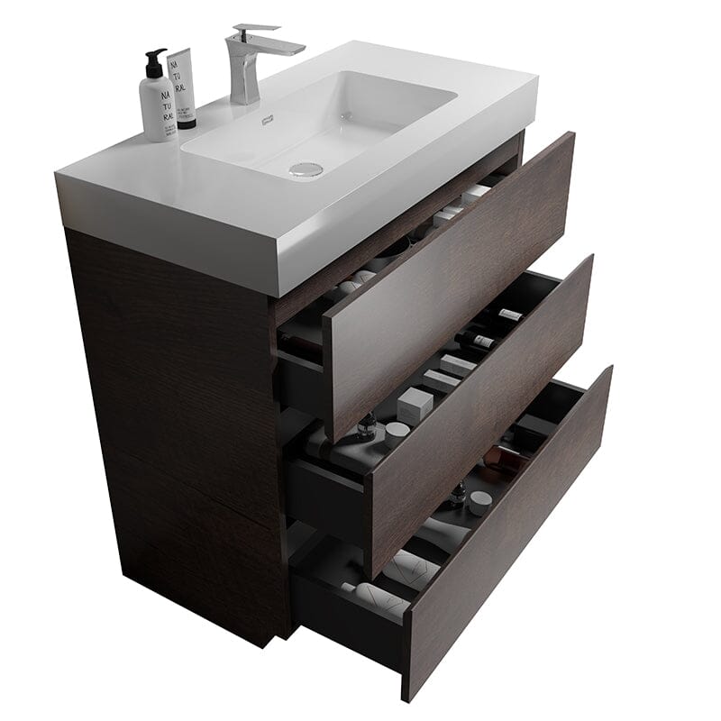 Three drawer 36-inch walnut floor-standing bathroom vanity with white sink