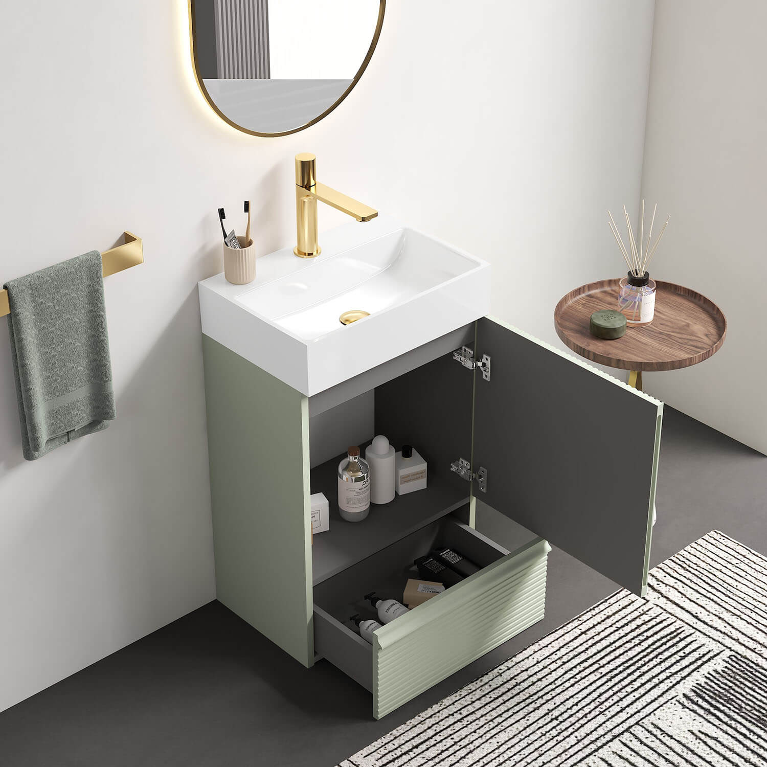 20" Fluted Light Green Freestanding Bathroom Vanity with White Ceramic Sink