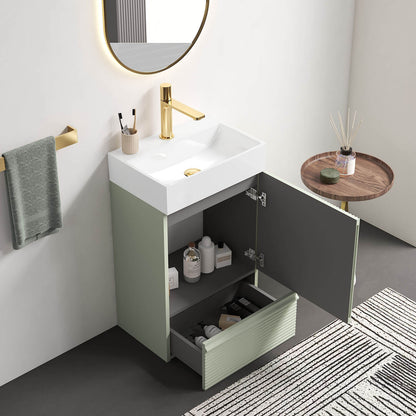 20" Fluted Light Green Freestanding Bathroom Vanity with White Ceramic Sink