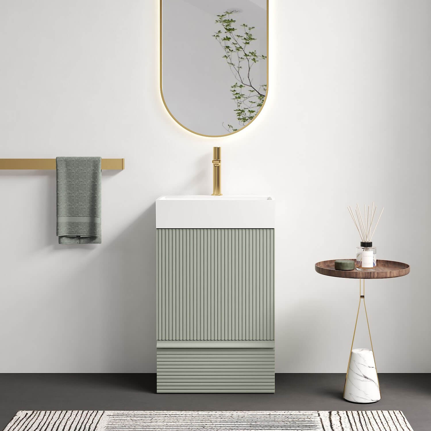 20" Fluted Light Green Freestanding Bathroom Vanity with White Ceramic Sink