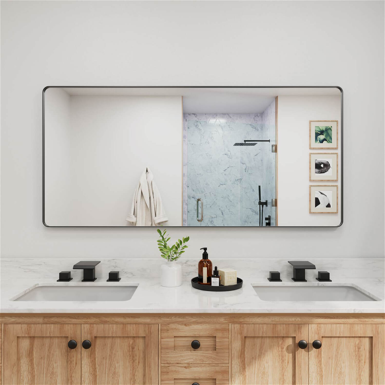 Ultra long black framed rectangular bathroom mirror for double vanity