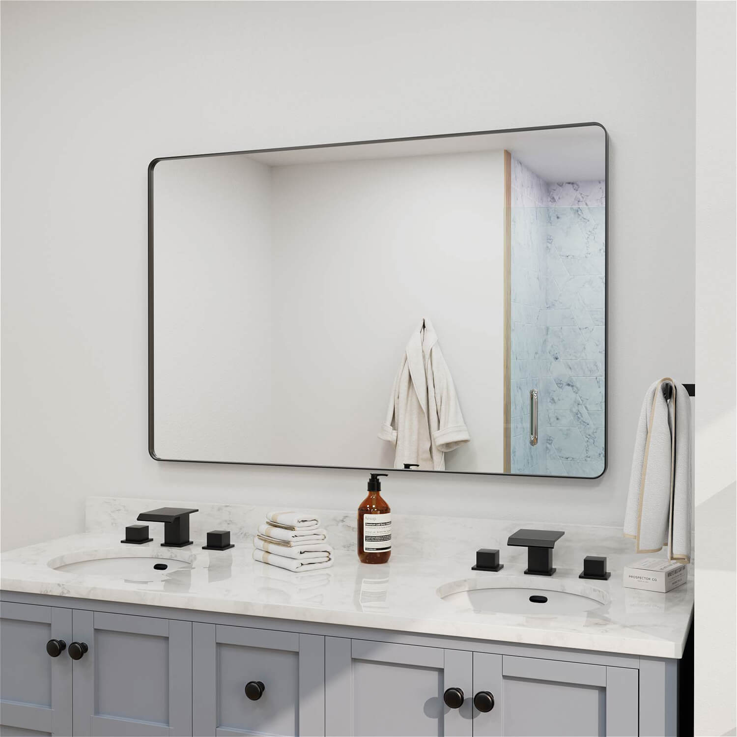 Ultra slim extra wide black framed rectangular bathroom mirror