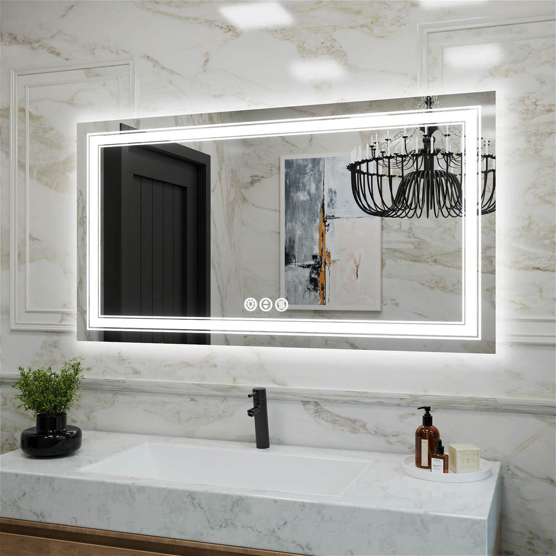 Ultra wide frameless LED vanity mirror with dual light rings and anti fog technology