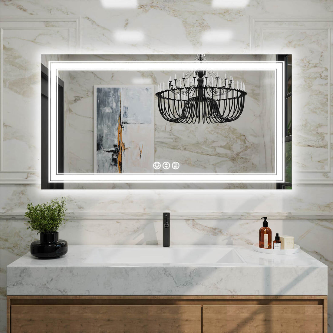 Ultra wide frameless LED vanity mirror with dual light rings and center touch buttons
