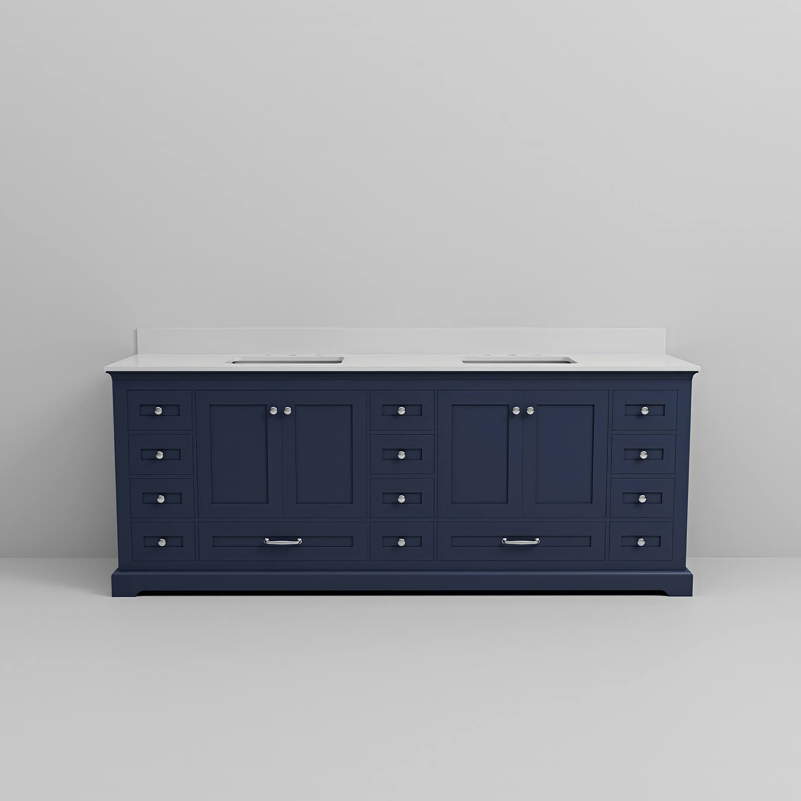 Unique blue double sink vanity with eco friendly engineered wood and quartz countertop