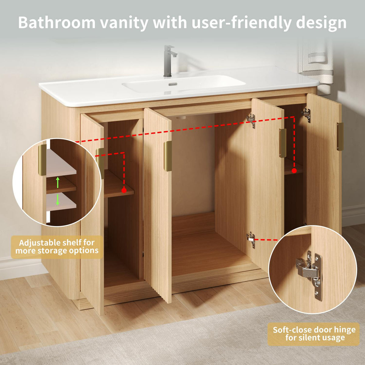 User Friendly Features 48 inch Wood Vanity Adjustable Shelf Soft Close Hinge