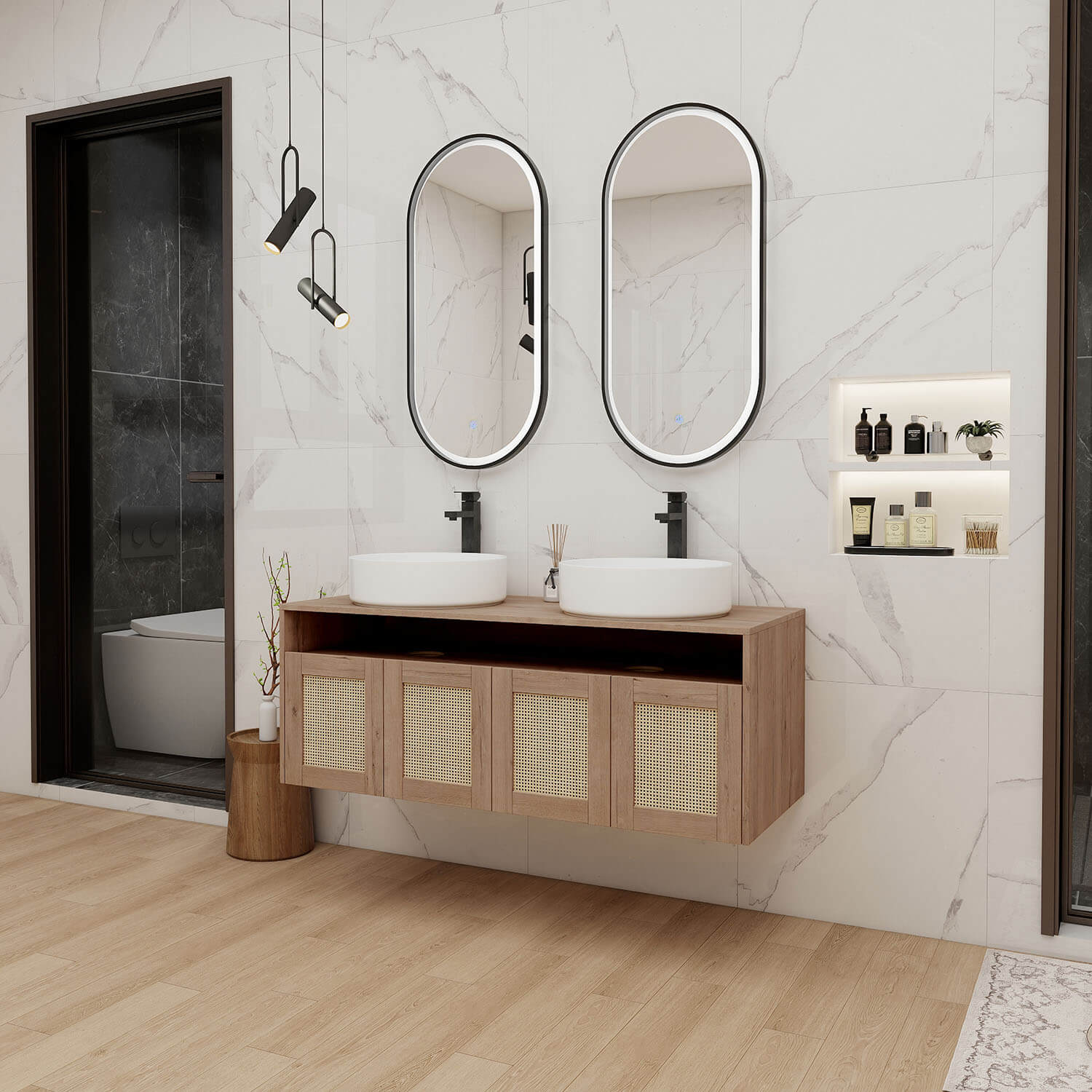 Vanity paired with modern faucets, mirrors, and bathroom accessories for a complete look.