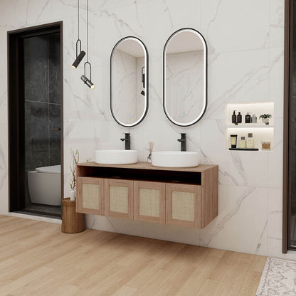 Vanity paired with modern faucets, mirrors, and bathroom accessories for a complete look.