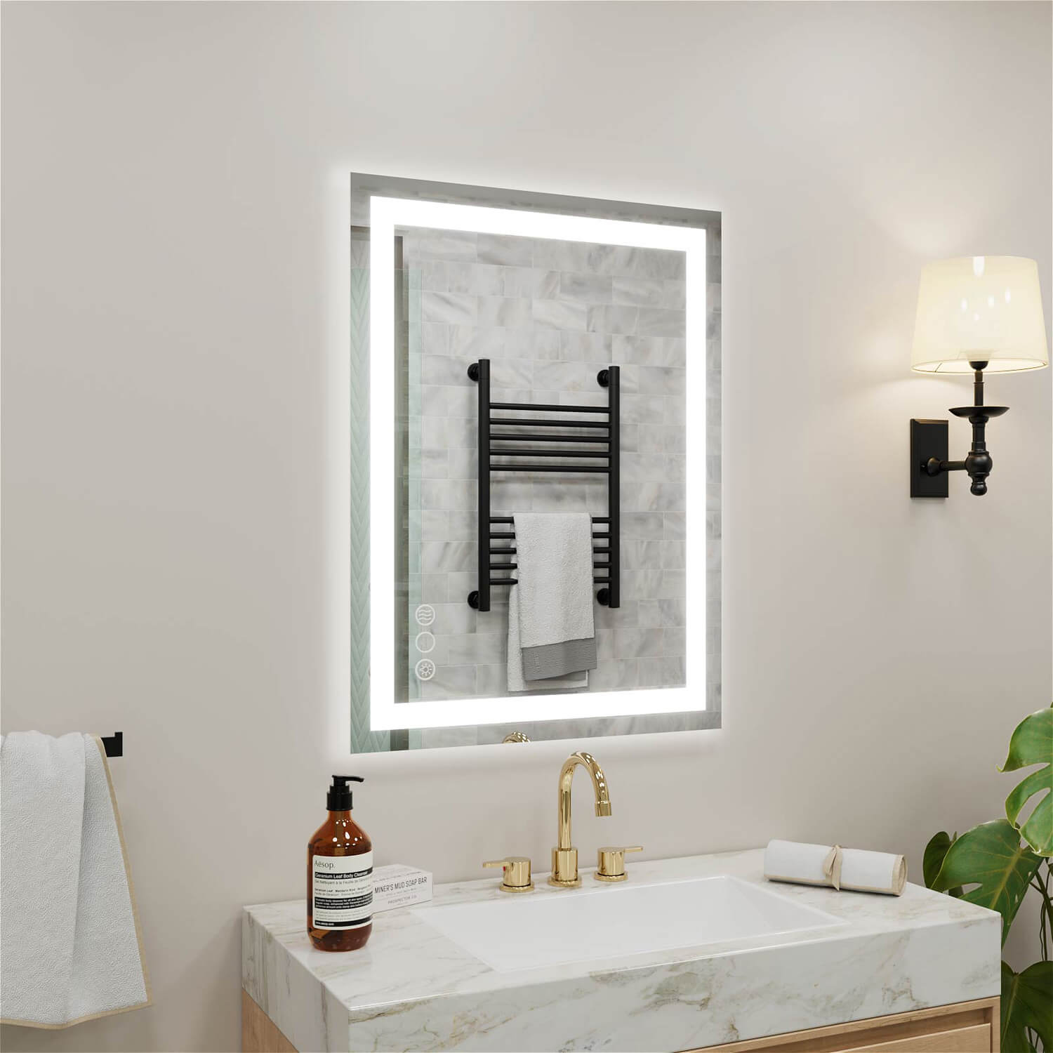 Vertical LED bathroom mirror with built-in anti-fog function and touch switches