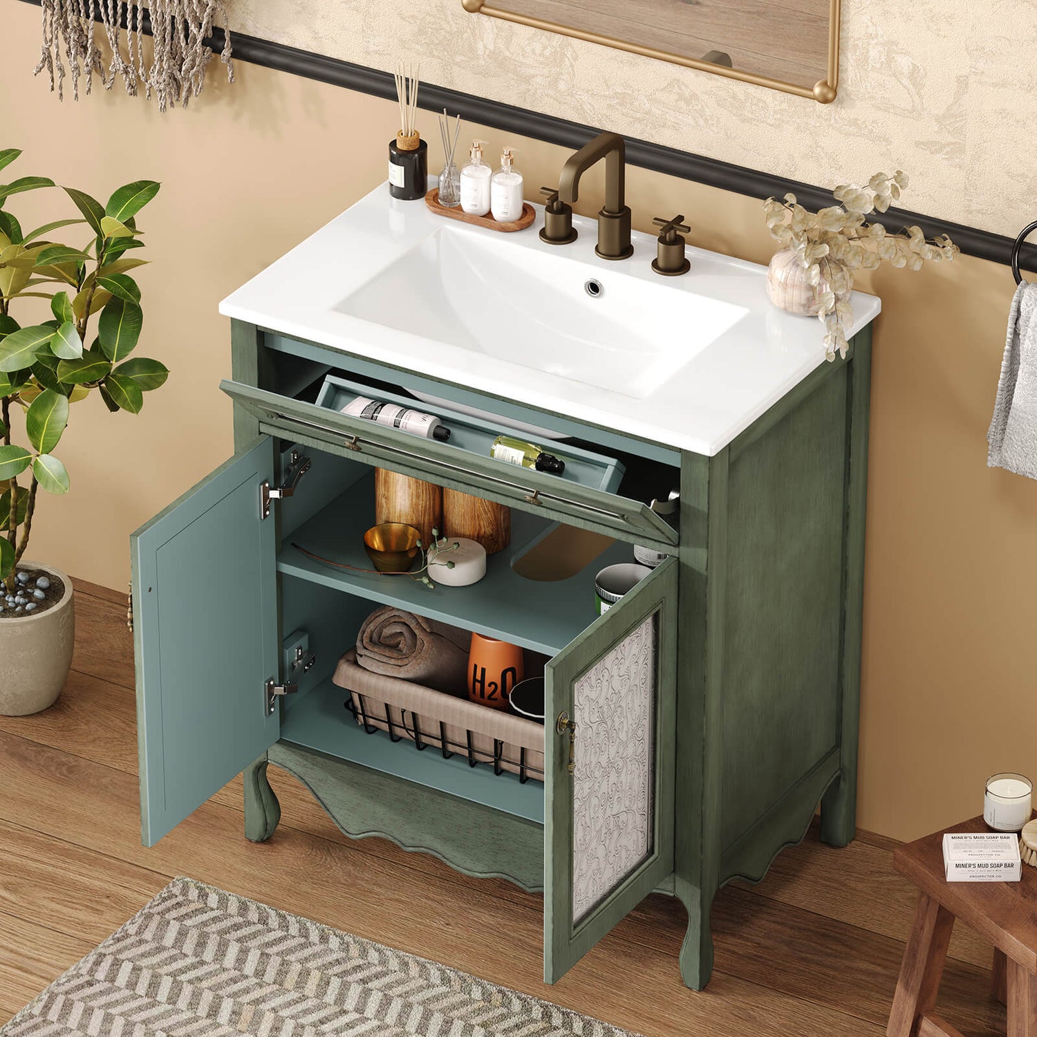 Vintage green 30 inch bathroom vanity with distressed finish