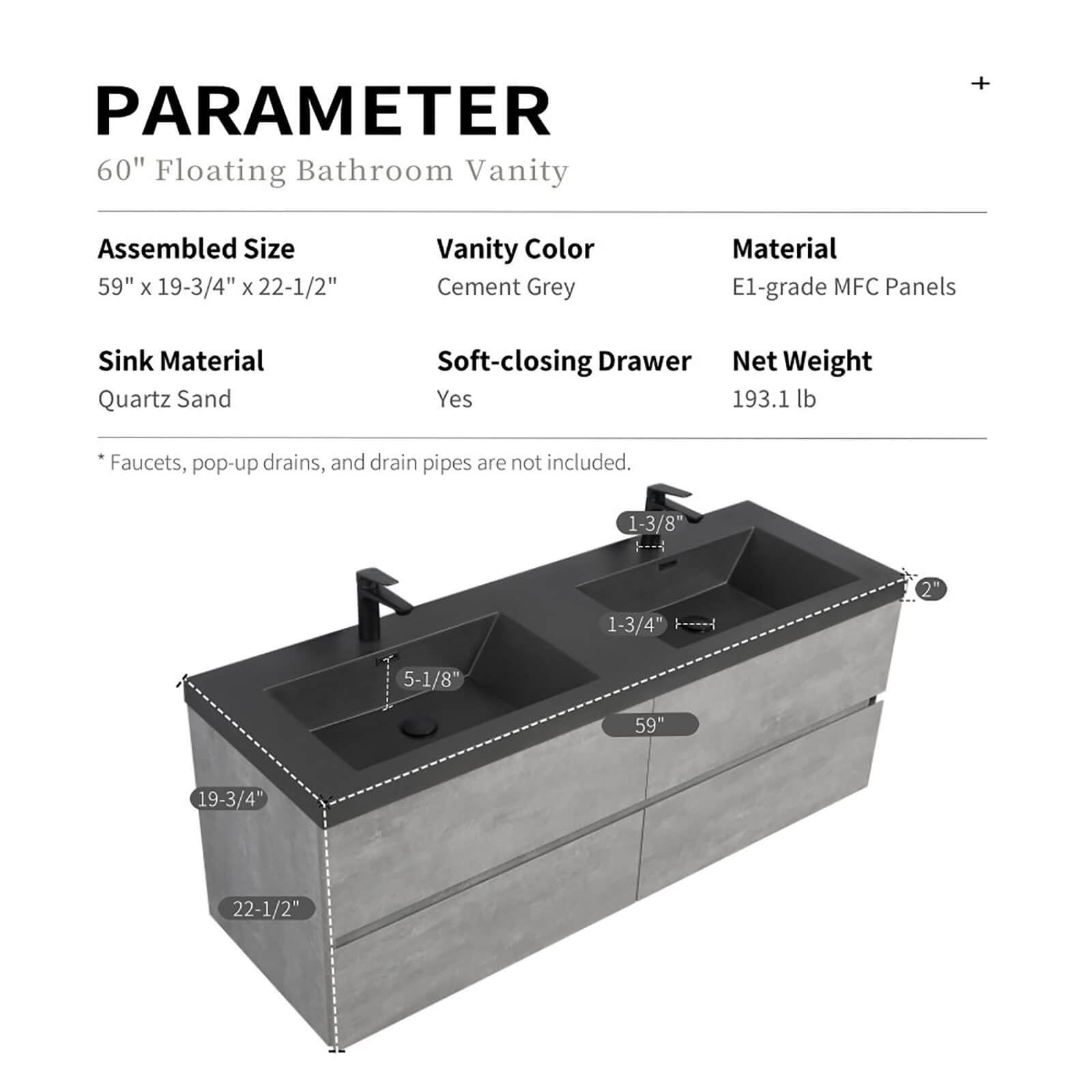 W1573GTP155849 Bathroom Vanity Dimensions Specifications