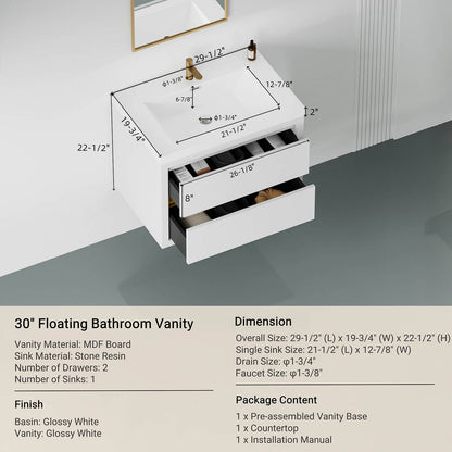 30&quot; Modern Floating Single-Sink Vanity with Gold Accents