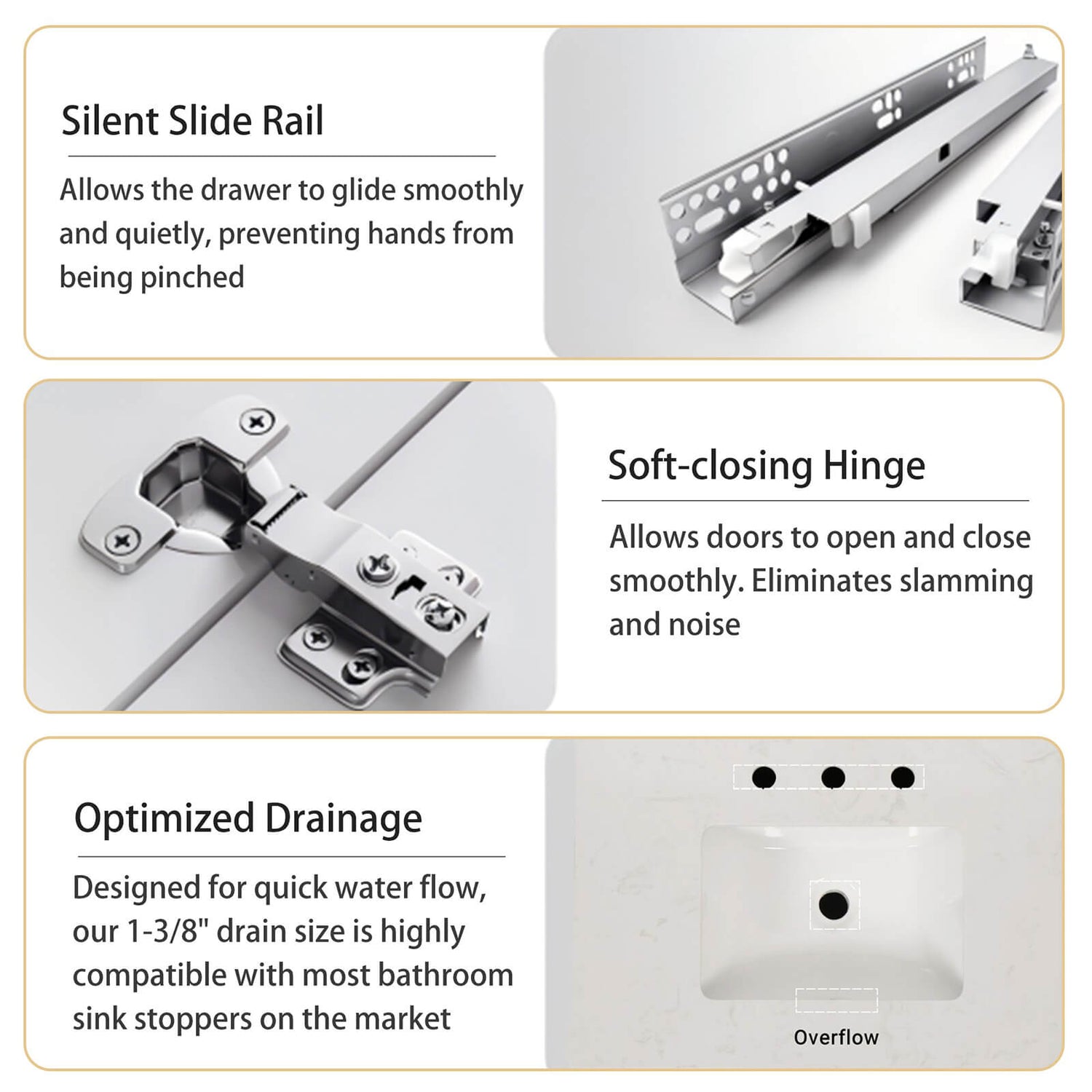 W1573GTP237850 Bathroom vanity soft close door mechanism and sink overflow details