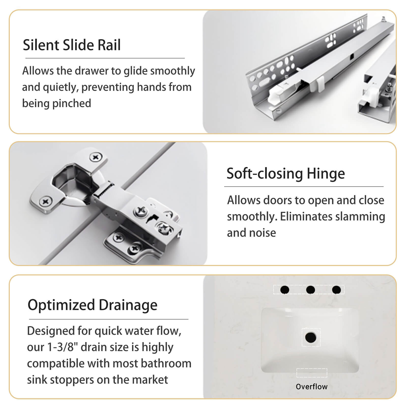 W1573GTP237850 Bathroom vanity soft close door mechanism and sink overflow details