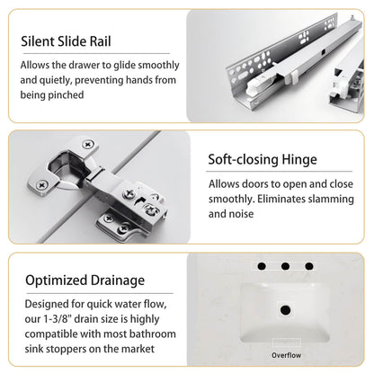 W1573GTP237850 Bathroom vanity soft close door mechanism and sink overflow details