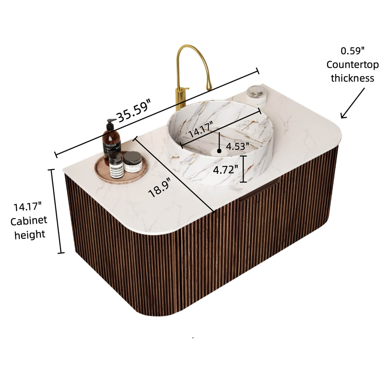 36" Walnut Bathroom Vanity with Stone-Veined Vessel Sink