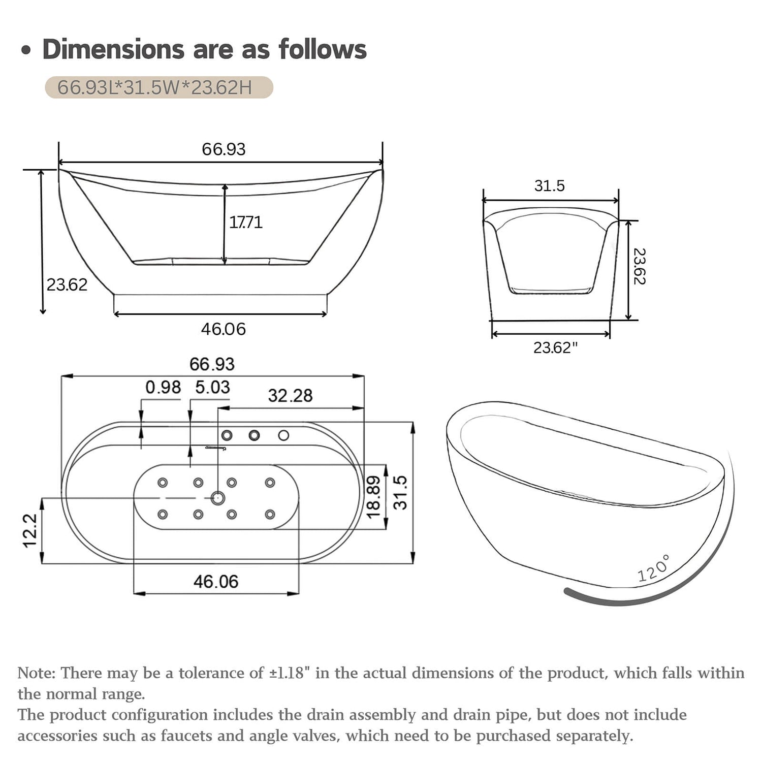 W3605GTP361170 Jacuzzi Dimensions and Specifications