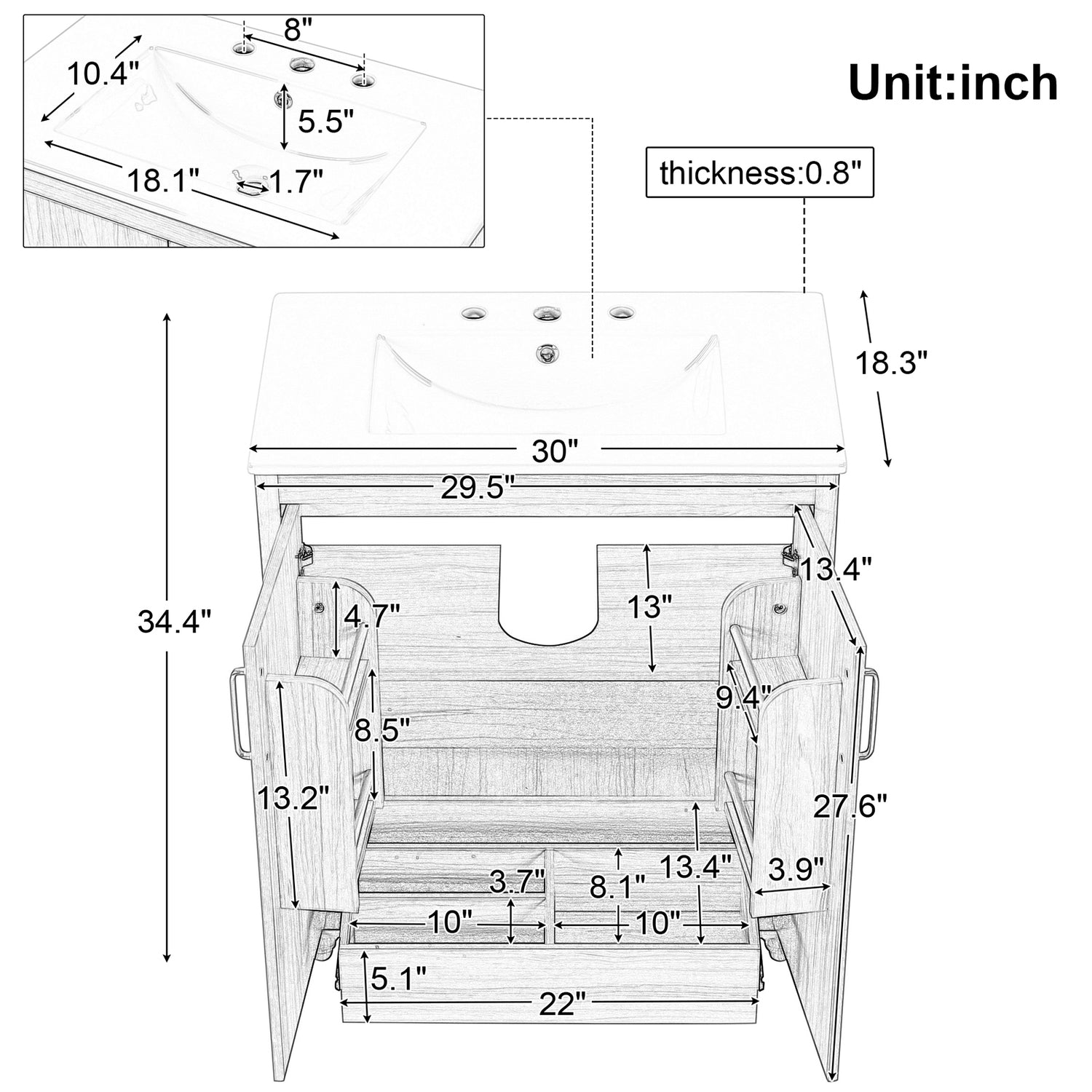 WF319GT484AAG Bathroom Vanity Overall Dimensions Specifications