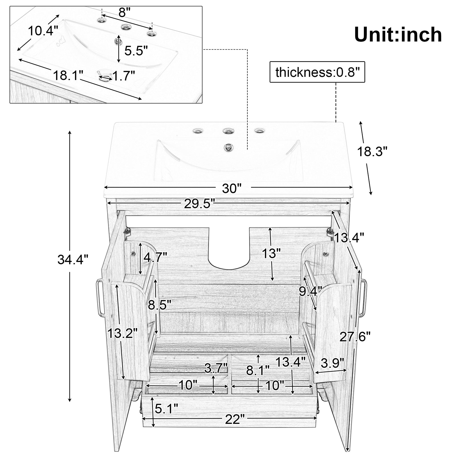 WF319GT484AAG Bathroom Vanity Overall Dimensions Specifications