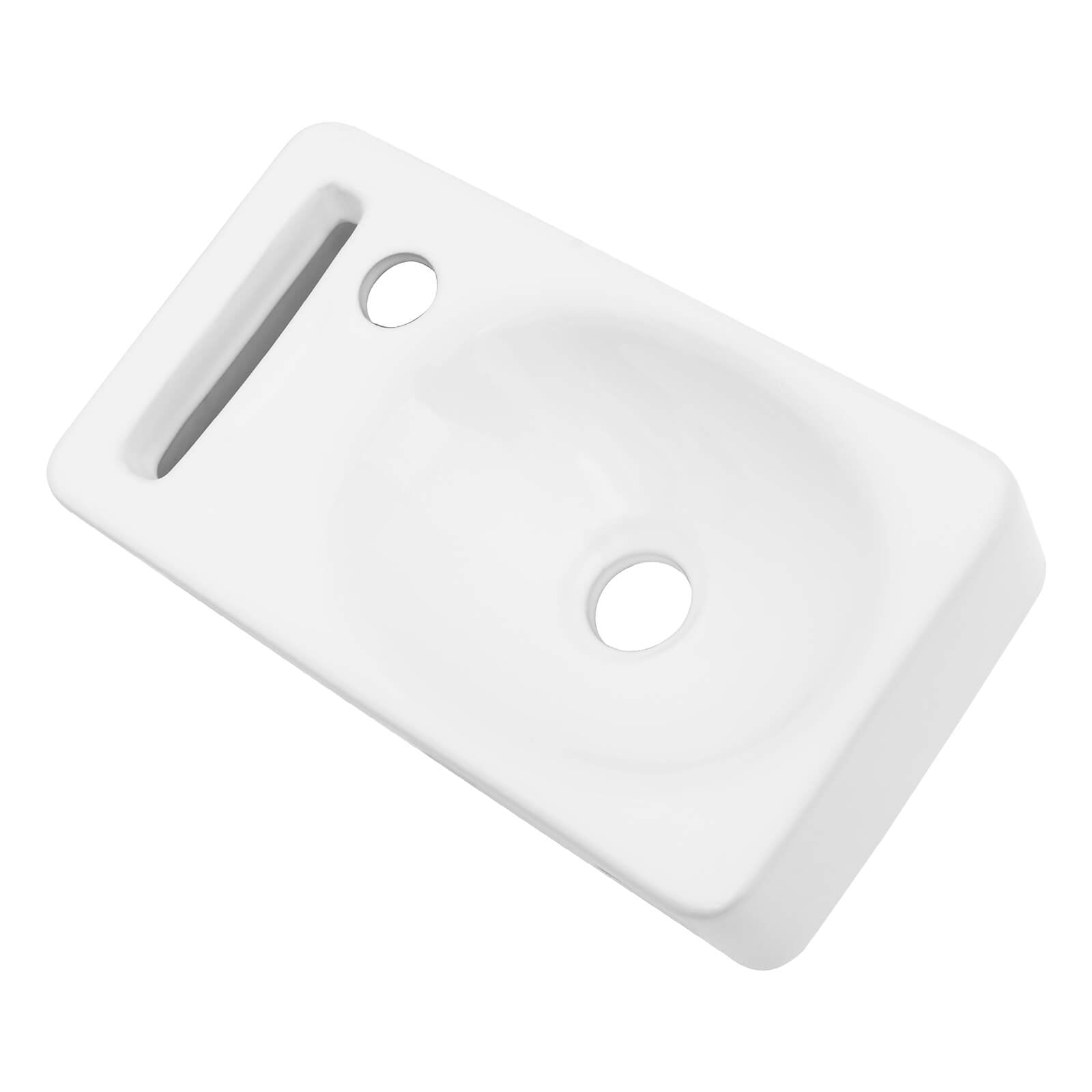 Wall hung ceramic sink with soft rounded corners and clean edges