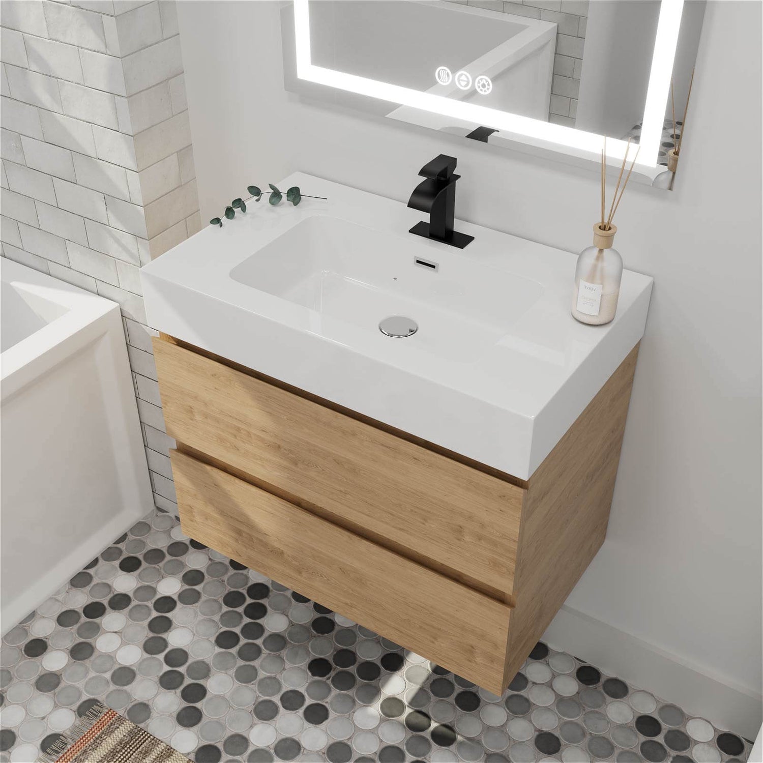 Wall mounted 30 in white oak vanity with soft close storage drawers