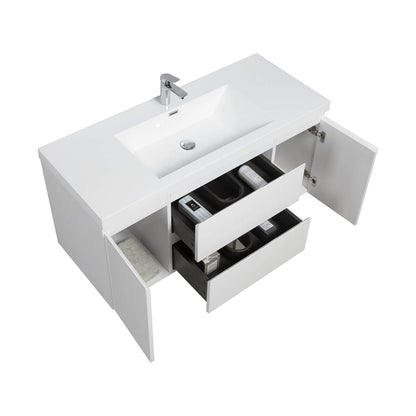 Wall mounted 48 inch vanity with soft closing hinges