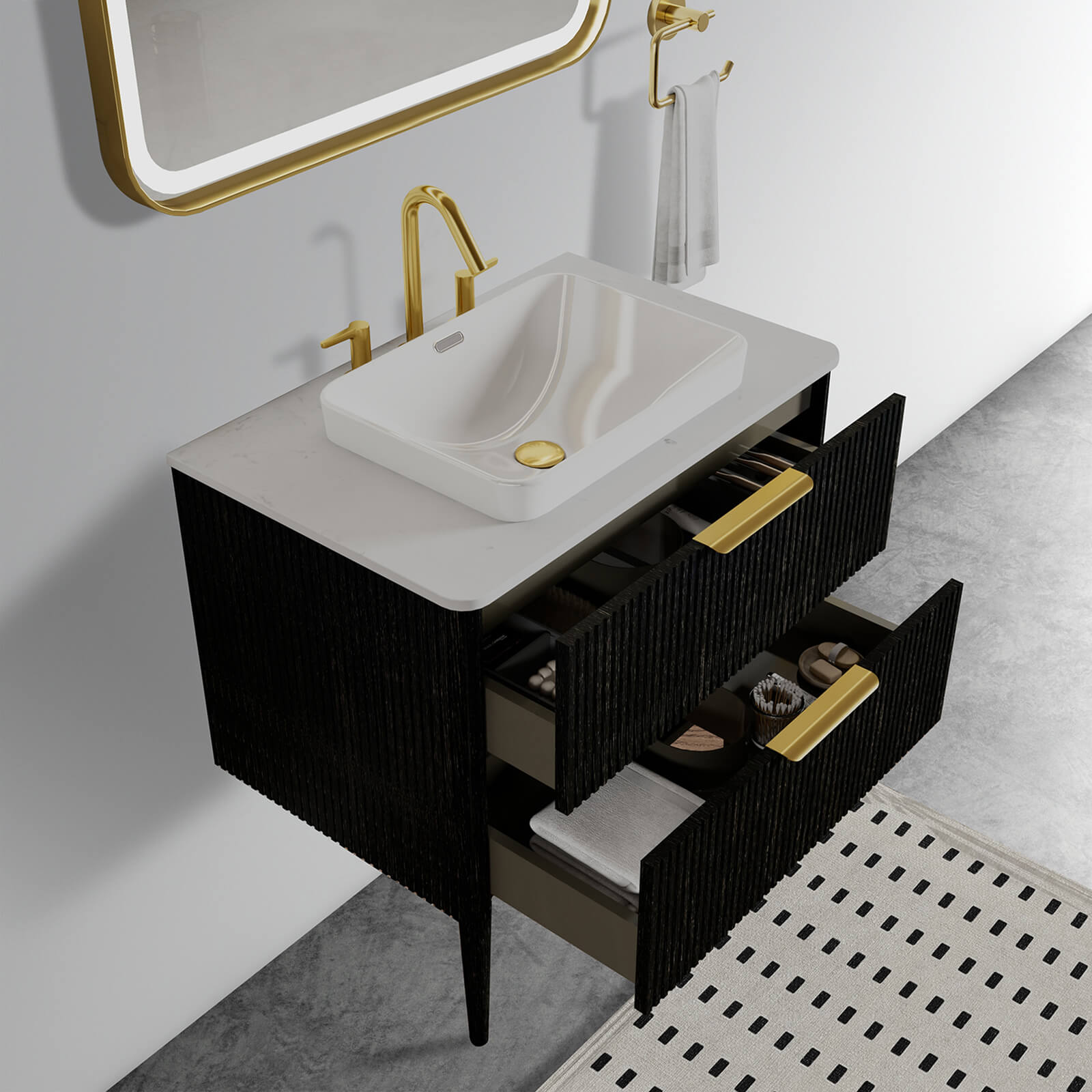 Wall mounted black bathroom cabinet with dual storage drawers