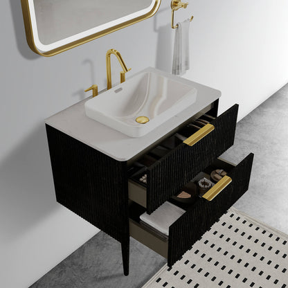 Wall mounted black bathroom cabinet with dual storage drawers