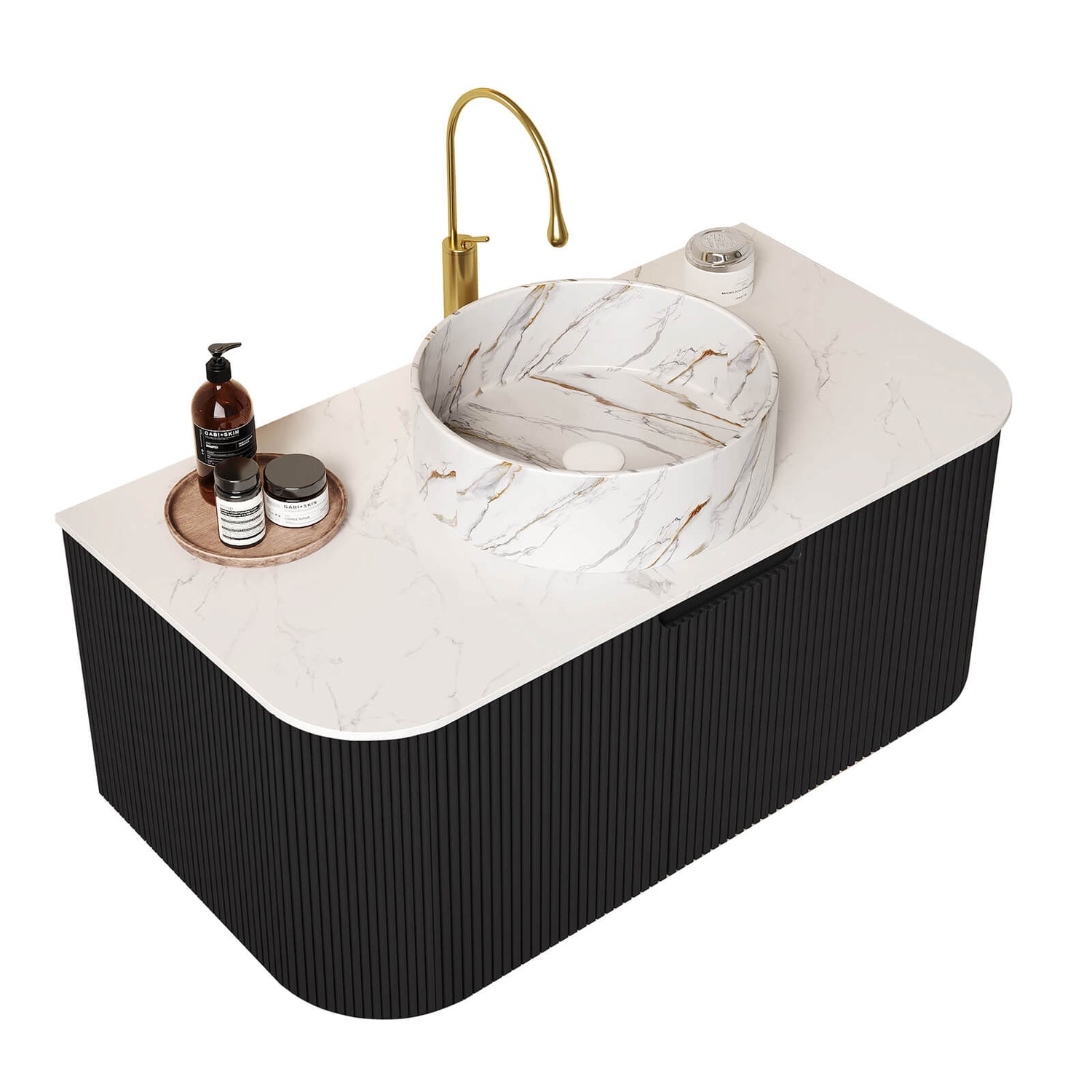 Wall mounted black vanity with modern marble countertop