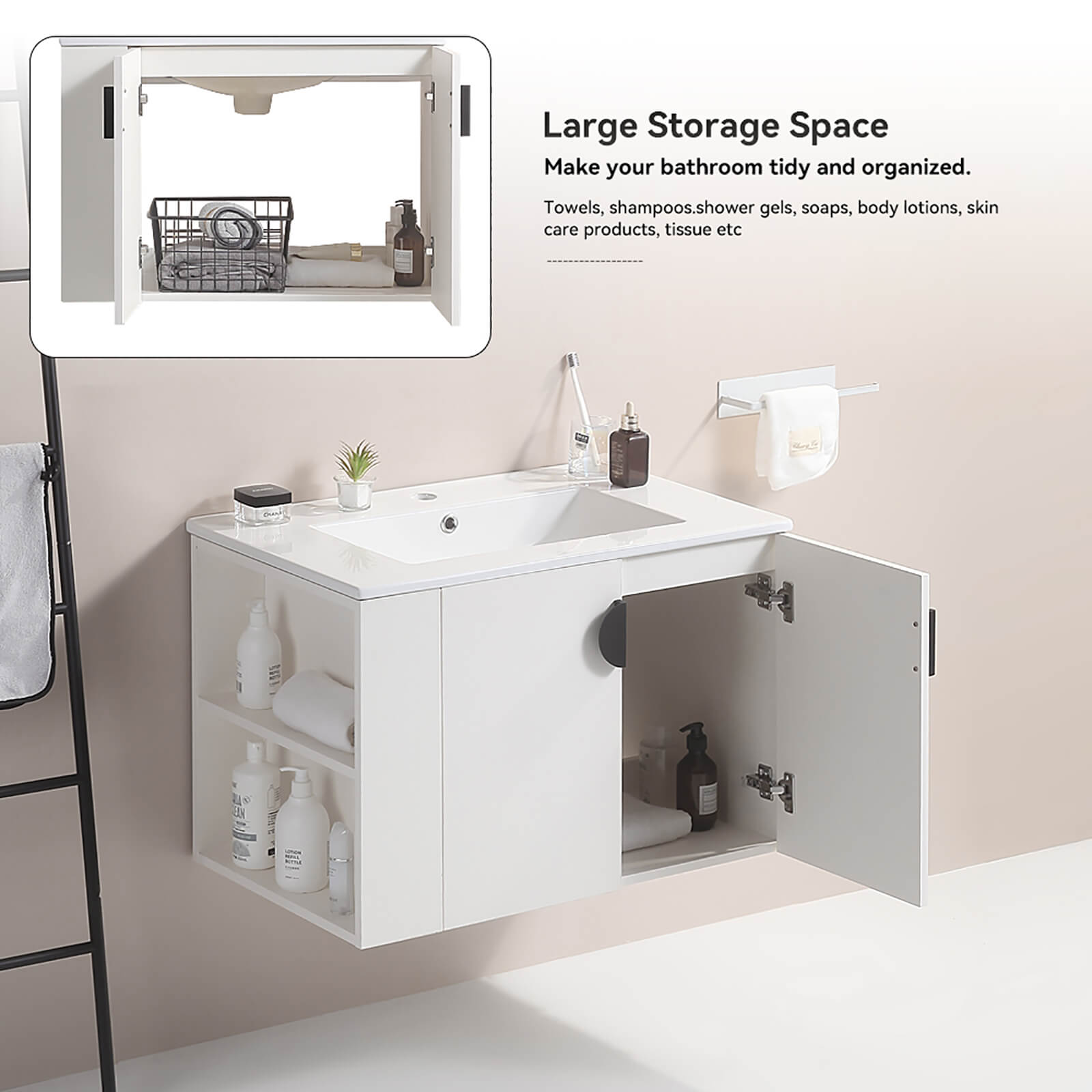 Wall mounted white cabinet with dual storage function